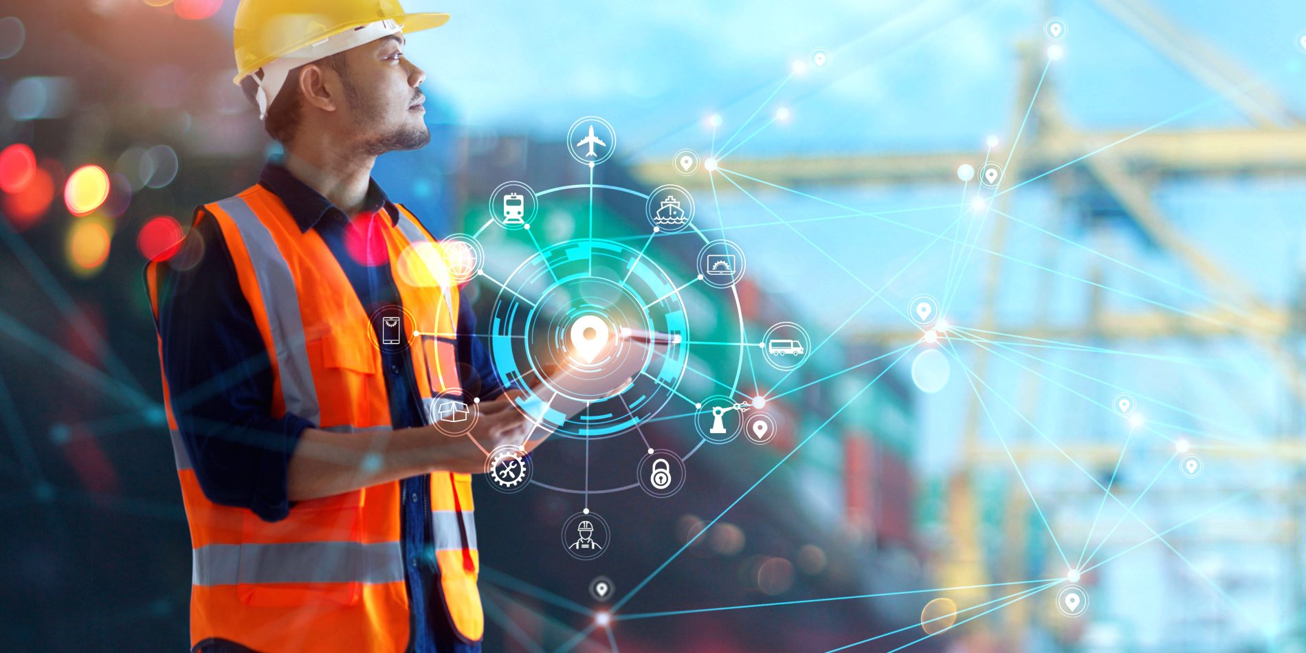 Worker using tablet on logistic network distribution and smart t