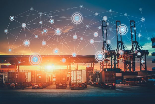 Business Logistics concept, Global network coverage world map,Truck with Industrial Container Cargo for Logistic Import Export at yard