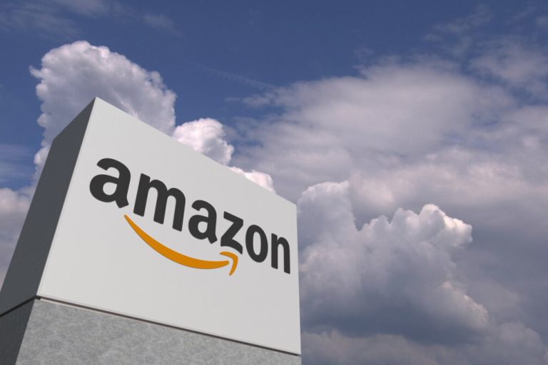 AMAZON logo against sky background, editorial 3D rendering